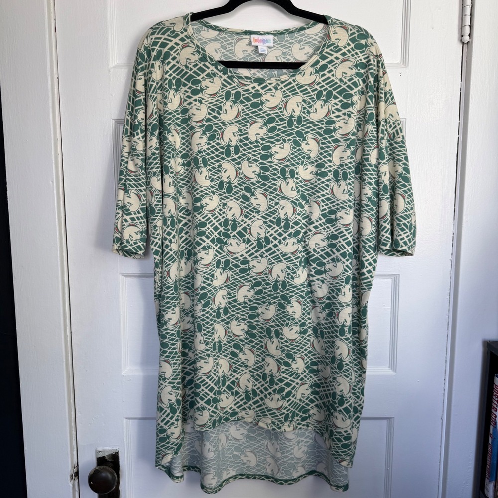 LuLaRoe Disney Mickey Mouse Irma Tunic Top XL Green Lattice High Low Tee